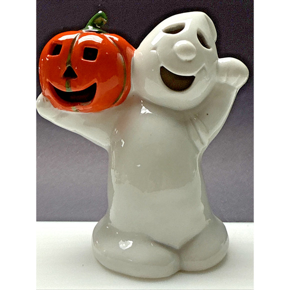 Vtg Midwest Cannon Falls Halloween Ceramic Ghost Pumpkin Candle Holder Luminary - Picture 12 of 12